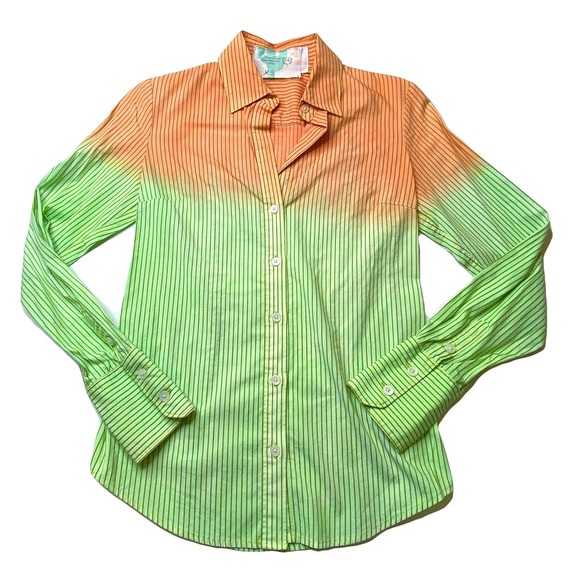 Button up long sleeve work shirt with citrusy Orange to Lime Green ombre ReDye - Picture 1 of 2